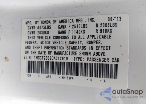 2013 Honda Accord Ex-L V-6 из США, поврежденный, VIN 1HGCT2B89DA012619